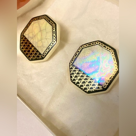 Iridescent Octagonal Earrings with Black and Gold Accents. Vintage. Ceramic - Picture 1 of 5